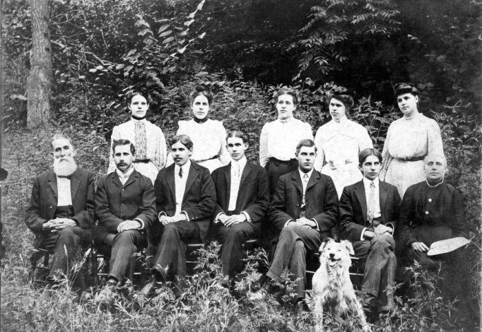 McCrackens: (Back L to R) Sallie, Margaret Maggie , Mary Jane, Anna Jane, Mattie May. (Front L to R) Joseph Marcus, Robert Pinkney, John Rufus, Marcus Theodore, Albert Johnson, Franklin Yates, Sophia. Dog: Tip.